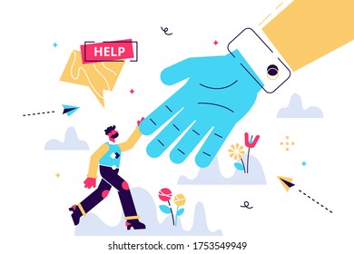 Help vector illustration. Flat tiny emergency assistance person concept. Rescue solution in danger and problematic situation. Social solidarity and voluntary aid service. Abstract giving hand teamwork