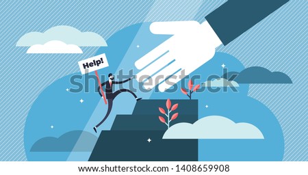 Help vector illustration. Flat tiny emergency assistance person concept. Rescue solution in danger and problematic situation. Social solidarity and voluntary aid service. Abstract giving hand teamwork