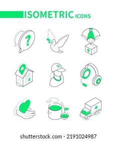 Help from volunteers and charity - modern line isometric icons set with editable stroke. Support for refugees and needy, dove of peace, first aid, shelter, morale, love, food for homeless, ambulance svg