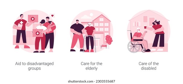 Help vulnerable people abstract concept vector illustration set. Aid to disadvantaged groups, care for elderly and disabled, volunteer help, retired people, nursing home, shelter abstract metaphor.