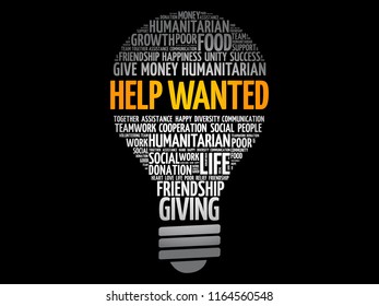 Help Wanted bulb word cloud collage, concept background
