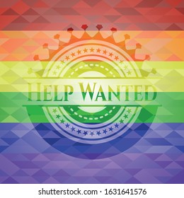 Help Wanted emblem on mosaic background with the colors of the LGBT flag
