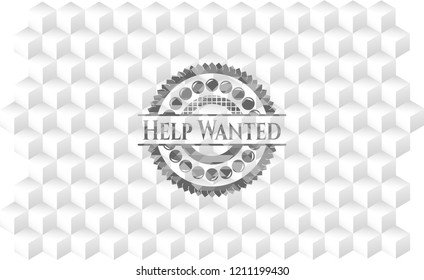 Help Wanted grey emblem. Vintage with geometric cube white background