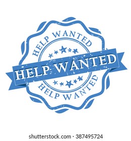 Help Wanted - grunge blue label / sticker for recruitment companies and firms looking to hire people. Print colors used.