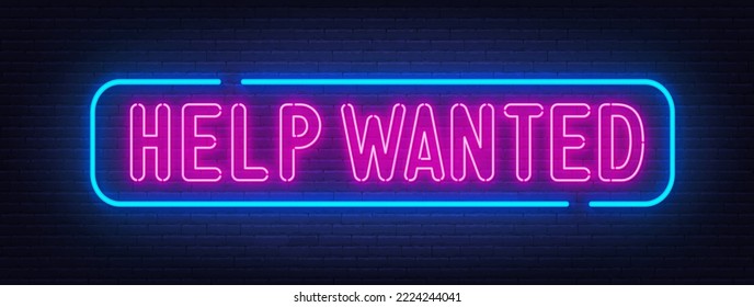 Help Wanted neon sign on brick wall background.