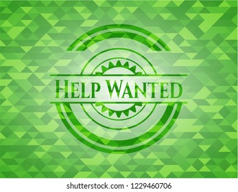 Help Wanted realistic green emblem. Mosaic background