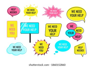 Help wanted volunteer needed speech bubble and poster set. We need your help text message in chat box, placard to search person wishing charity work vector illustration isolated on white background