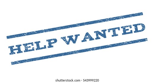 Help Wanted watermark stamp. Text caption between parallel lines with grunge design style. Rubber seal stamp with dirty texture. Vector cobalt blue color ink imprint on a white background.