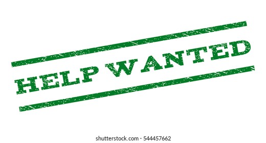 Help Wanted watermark stamp. Text tag between parallel lines with grunge design style. Rubber seal stamp with dirty texture. Vector green color ink imprint on a white background.