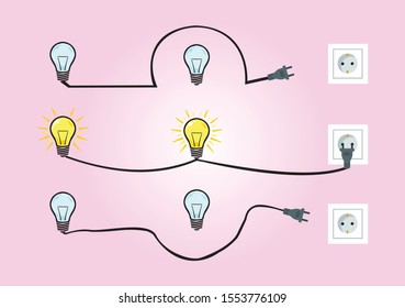 with help we can reach the destination together. you don't have to bypass someone to reach your goals. illustration with light bulbs on and off, wall socket and wire plug on a beautiful purple wallpaper