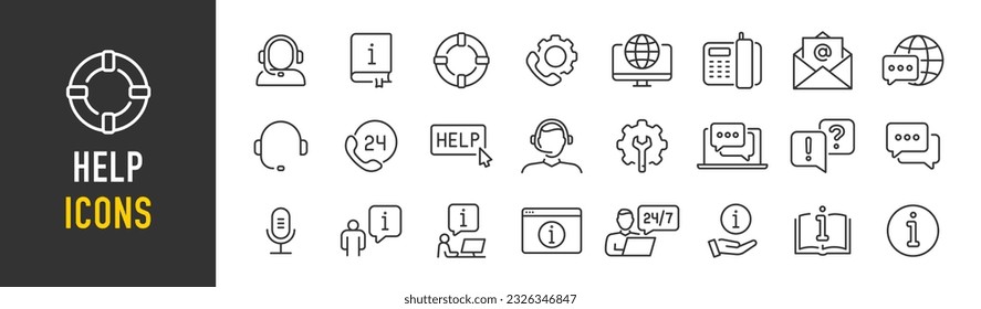 Help web icons in line style. Assistant, support, online help, info center, instruction, rules, collection. Vector illustration.