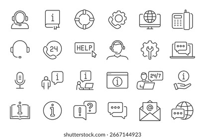 Ayuda iconos web en estilo de línea. Asistente, Asistencia, ayuda en línea, centro de información, instrucción, reglas, colección. Ilustración vectorial.