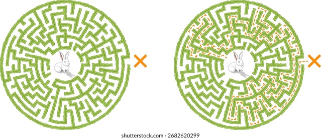 Helfen Sie dem weißen Kaninchen, einen Weg aus dem Labyrinth zu finden. Vektor grün mittel schwer rund Hecke Labyrinth einzeln auf weißem Hintergrund.
