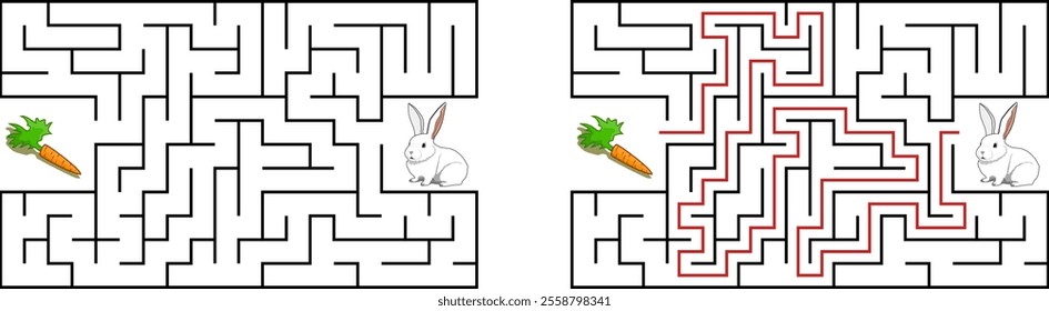 Help a white rabbit pass through rectangular maze to find a carrot. Feed the hungry bunny labyrinth. Easy difficulty level riddle for kids and their parents. Solution included.