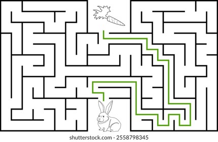 Help a white rabbit pass through rectangular maze to find a carrot. Feed the hungry bunny labyrinth. Easy difficulty level riddle for kids and their parents. Solution included.