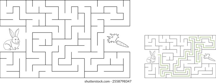 Help a white rabbit pass through rectangular maze to find a carrot. Feed the hungry bunny labyrinth. Easy difficulty level riddle for kids and their parents. Solution included.