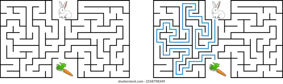 Help a white rabbit pass through rectangular maze to find a carrot. Feed the hungry bunny labyrinth. Easy difficulty level riddle for kids and their parents. Solution included.