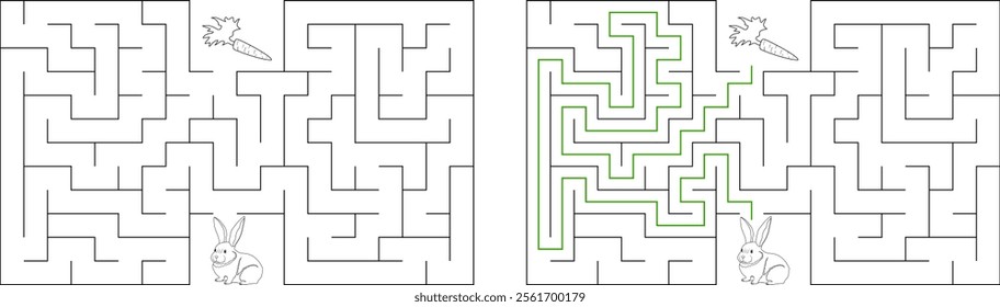 Help a white rabbit pass through rectangular maze to find a carrot. Feed the hungry bunny labyrinth. Easy difficulty level riddle for kids and their parents. Solution included.