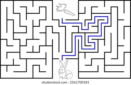 Help a white rabbit pass through rectangular maze to find a carrot. Feed the hungry bunny labyrinth. Easy difficulty level riddle for kids and their parents. Solution included.