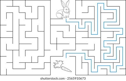 Help a white rabbit pass through rectangular maze to find a carrot. Feed the hungry bunny labyrinth. Easy difficulty level riddle for kids and their parents. Solution included.