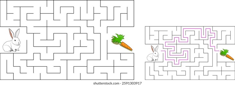 Help a white rabbit pass through rectangular maze to find a carrot. Feed the hungry bunny labyrinth. Easy difficulty level riddle for kids and their parents. Solution included.