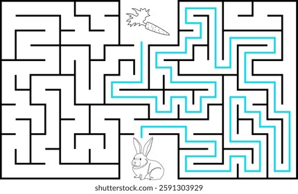 Help a white rabbit pass through rectangular maze to find a carrot. Feed the hungry bunny labyrinth. Easy difficulty level riddle for kids and their parents. Solution included.