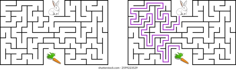 Help a white rabbit pass through rectangular maze to find a carrot. Feed the hungry bunny labyrinth. Easy difficulty level riddle for kids and their parents. Solution included.