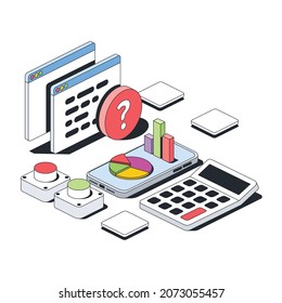 Hilfefenster, Smartphone-Diagramme, Start-Stopp-Taste, Taschenrechner. Vektorgrafik 3D-Skizze isometrischer Stil, farbige Icon-Illustration. Kreative Design-Idee und Infografik-Elemente.