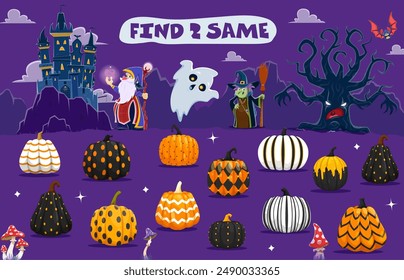 Help to wizard find two same Halloween patterned pumpkins kids quiz game vector worksheet. Matching puzzle with cartoon Halloween ghost, magician, witch and tree characters, pumpkins and castle