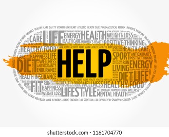 HELP word cloud collage, fitness, sport, health concept background
