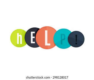 Palabras de ayuda en círculos, diseño de pancartas geométricas modernas, tipografía. botón web o mensaje para sitio web, presentación o aplicación en línea