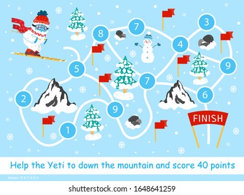 Help the Yeti down the mountain and score 40 points. Color elementary arithmetic maze game for children. Puzzle. Math summation tangled road with key. Cute snow yeti skiing. Winter holidays for kids