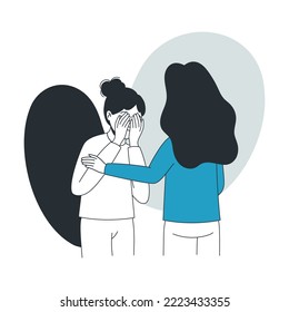 Help to Young Girl in Depression Covering Face with Hands Feeling Sad Suffering from Mental Disorder Vector Illustration