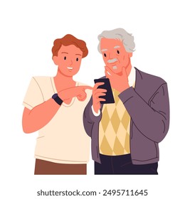 Help from young man to elderly man to use mobile phone. Grandpa with glasses holding smartphone in hand with smile, cute son or grandson pointing at screen to teach cartoon