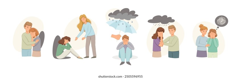 Help to Young Man and Woman in Depression Feeling Sad Suffering from Mental Disorder Vector Set