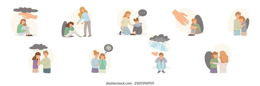 Help to Young Man and Woman in Depression Feeling Sad Suffering from Mental Disorder Vector Set