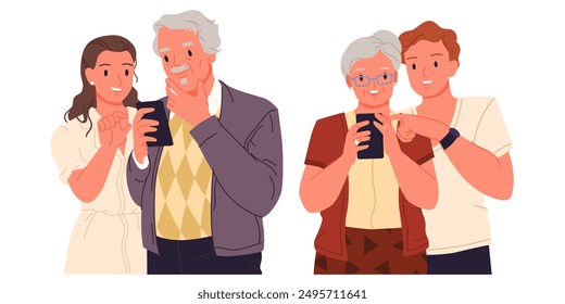 Help from young people to elderly to use mobile phone set. Grandpa and grandma with glasses holding smartphones, guy and girl teach old relatives how to call and chat cartoon vector illustration