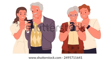 Help from young people to elderly to use mobile phone set. Grandpa and grandma with glasses holding smartphones, guy and girl teach old relatives how to call and chat cartoon vector illustration