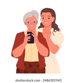 Help from young woman to elderly grandmother to use mobile phone. Grandma holding cellphone, cute girl pointing finger at screen to teach and explain using smartphone cartoon vector illustration