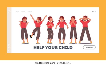 Help your Child Landing Page Template. Kid Emotions Surprised, Happy, Shocked, Angry and Crying Facial Expressions. Child Character Expressing Different Feelings. Cartoon People Vector Illustratio