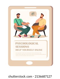 Ayúdete a ti mismo en línea.Sesión psicológica,Página de aplicaciones móviles en pantalla.Plantilla de Smartphone.Joven hombre ansioso habla de problemas psicológicos al psicólogo.Ilustración de vectores de personas de dibujos animados
