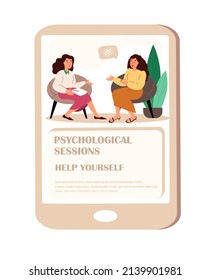 Help yourself Online.Psychological Session,Mobile App Page Onboard Screen.Smartphone Template. Young Anxited Woman tells about psychological problems to psychologist.Cartoon People Vector Illustration