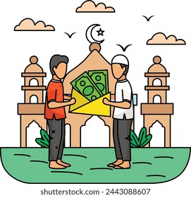 Help with Zaka Money Concept, Cash Giving to Needy Poor Brother vector colorline Design, Ramadan and Eid al-Fitr Symbol, Islamic and Muslims fasting Sign, Arabic holiday celebration stock illustration