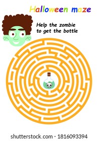 Help The Zombie To Get The Bottle Halloween Labyrinth Stock Vector Illustration. Funny Educational Maze Game For Kids. Amusing Cartoon Printable Leisure Activity Worksheet For Kids. One Of A Series.