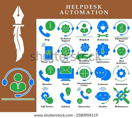 Helpdesk Automation flat icon set represents AI-based service automation and technical support. with green and blue colors.