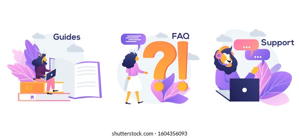  Helpdesk, clients assistance, helpful information. Vector isolated concept metaphor illustrations. Info center, customer online communication web icons set. Guides, FAQ, support metaphors.