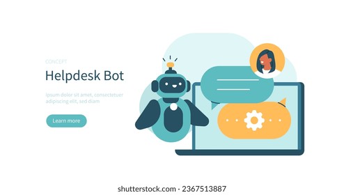 Helpdesk concept. Character communicating to chat bot made with neural network technology and answering questions. Vector illustration.