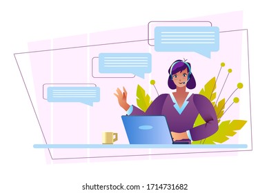 Helpdesk concept with female customer support representative working with her laptop. Online client chat banner with consultant, abstract messages,cup. Digital communication illustration in flat style