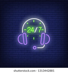 Helpdesk headset and round clock service neon sign. Call center maintenance advertisement design. Night bright neon sign, colorful billboard, light banner. Vector illustration in neon style.