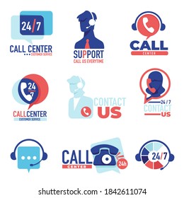 Helpdesk or hotline 24 7, operators helping customers to solve problems. Assistant with headset talking on phone. Call center or support for clients, consultant in shop, vector in flat style